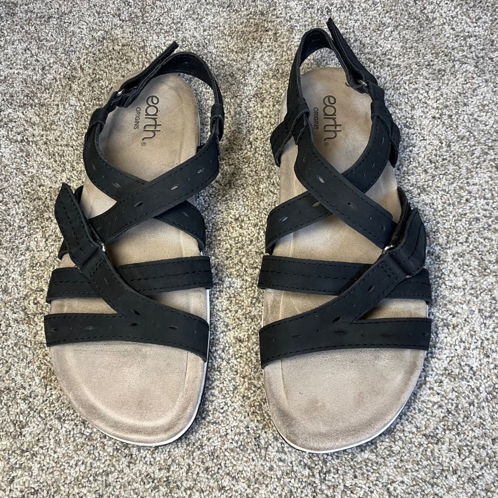 Earth Origins Womens Black Multi Strap Comfort‎ Sandals 10M Hook Loop Adjustable